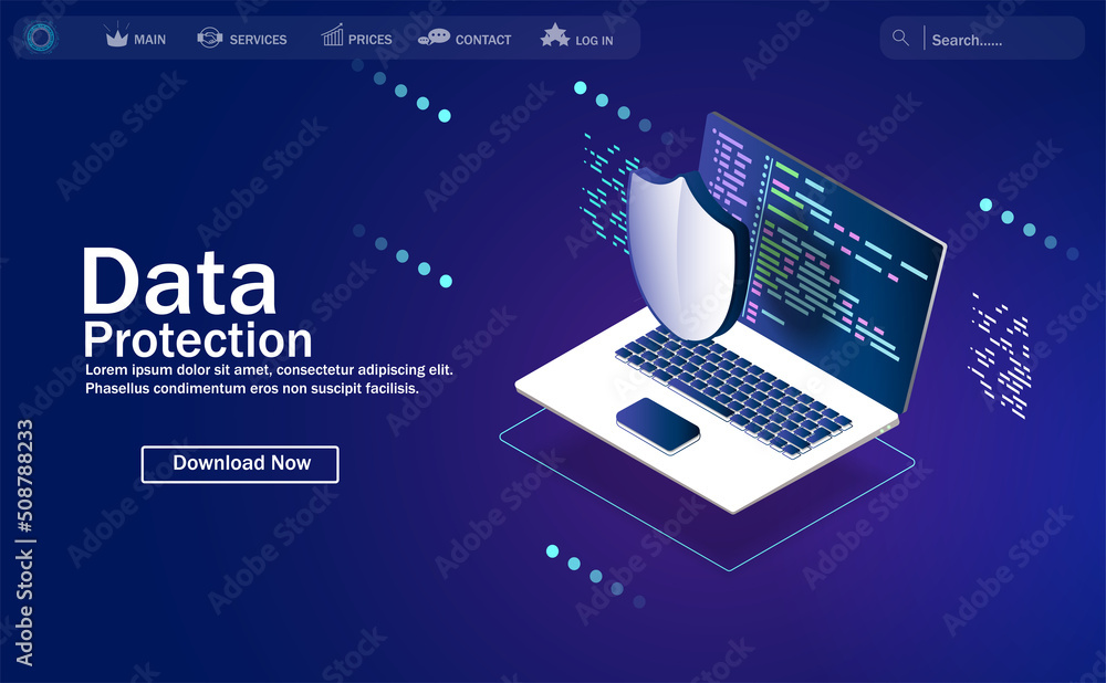Cyber security, data protection, cyberattacks concept on blue background. Database security software development. Online security concept. Laptop protected with shield. Vector illustration