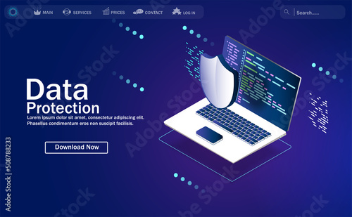 Cyber security, data protection, cyberattacks concept on blue background. Database security software development. Online security concept. Laptop protected with shield. Vector illustration