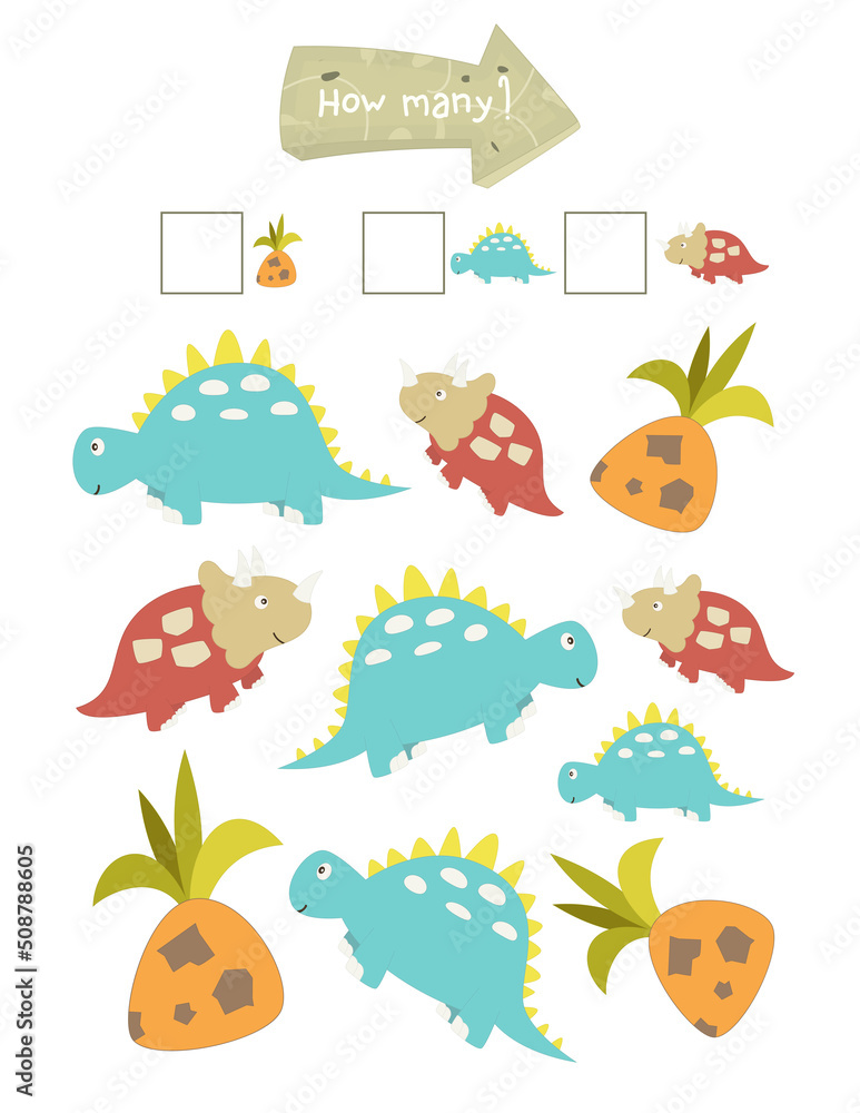 Dinosaur Activities for Kids. How Many. Count the Number of Dinosaurs and Pineapples. Vector illustration. Dinosaur Activities for Kids. How Many. Count the Number of Dinosaurs and Pineapples. Vector illustration.