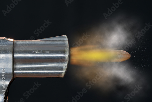 The deadly bullet flies out of the barrel of a revolver. A modern projectile is usually a long projectile and has a cylindrical shape with a pointed front part.