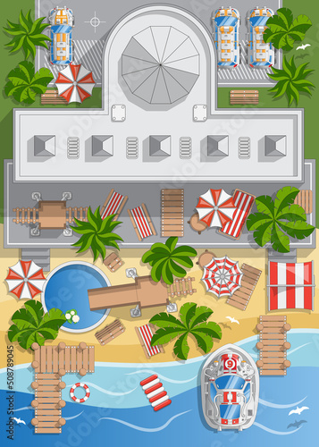 Hotel with a swimming pool by the sea. A place to relax. View from above. Vector illustration.