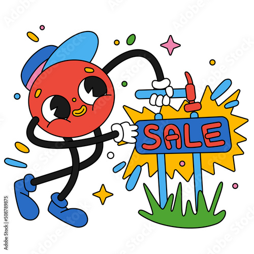 Hand drawn trendy cartoon vector illustration Big sale. Hammering the sale sign.
