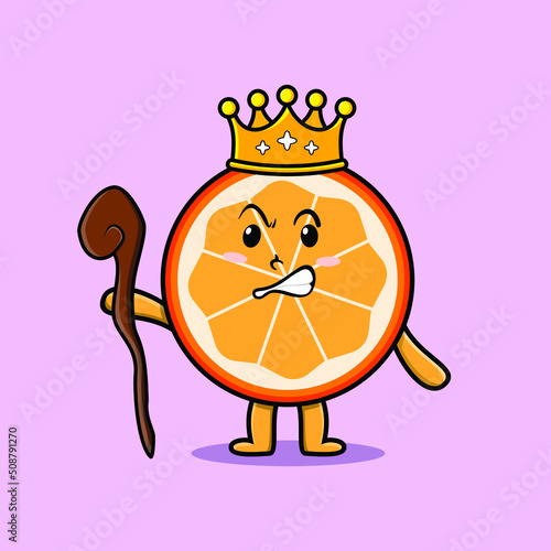 Cute cartoon orange fruit mascot as wise king with golden crown and wooden stick