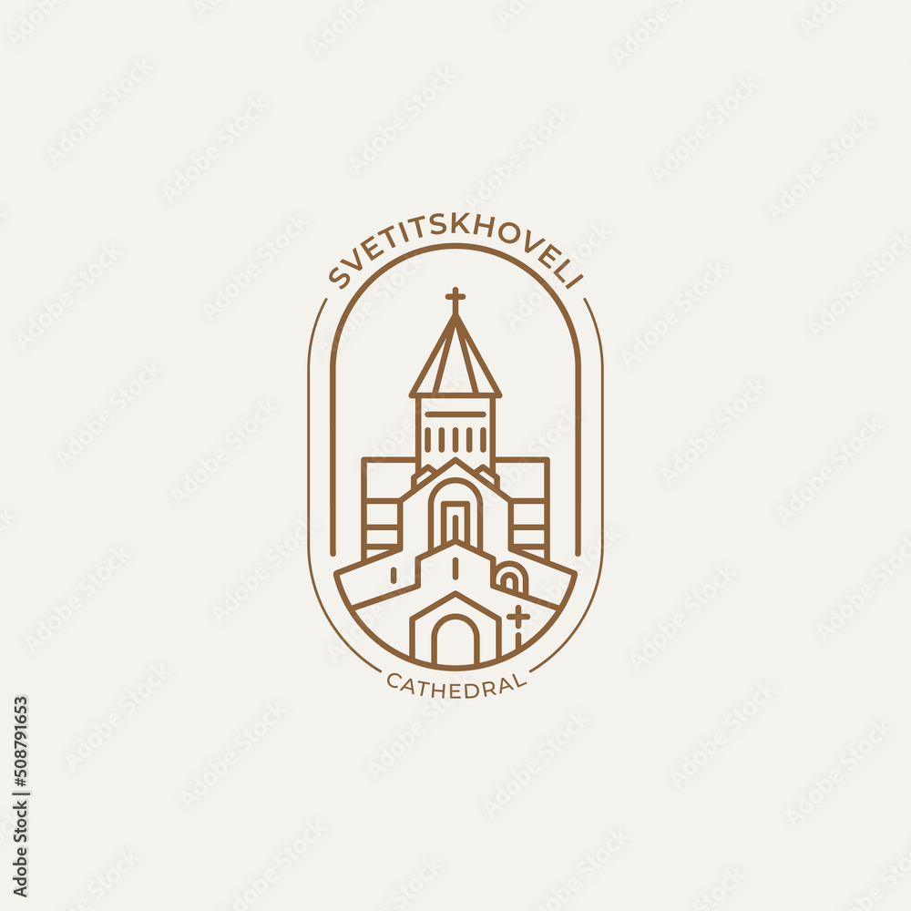 Svetitskhoveli Cathedral in Mtskheta, Georgia. Historic sight showplace in simple line art, logo template. Vector illustration design, World countries cities, vacation, travel, sightseeing, icon.