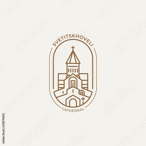 Svetitskhoveli Cathedral in Mtskheta, Georgia. Historic sight showplace in simple line art, logo template. Vector illustration design, World countries cities, vacation, travel, sightseeing, icon.