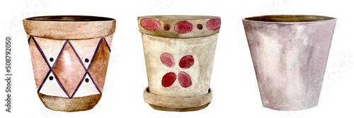 Set of watercolor ceramic garden plants and flowers pots. Background with various color flowerpots.