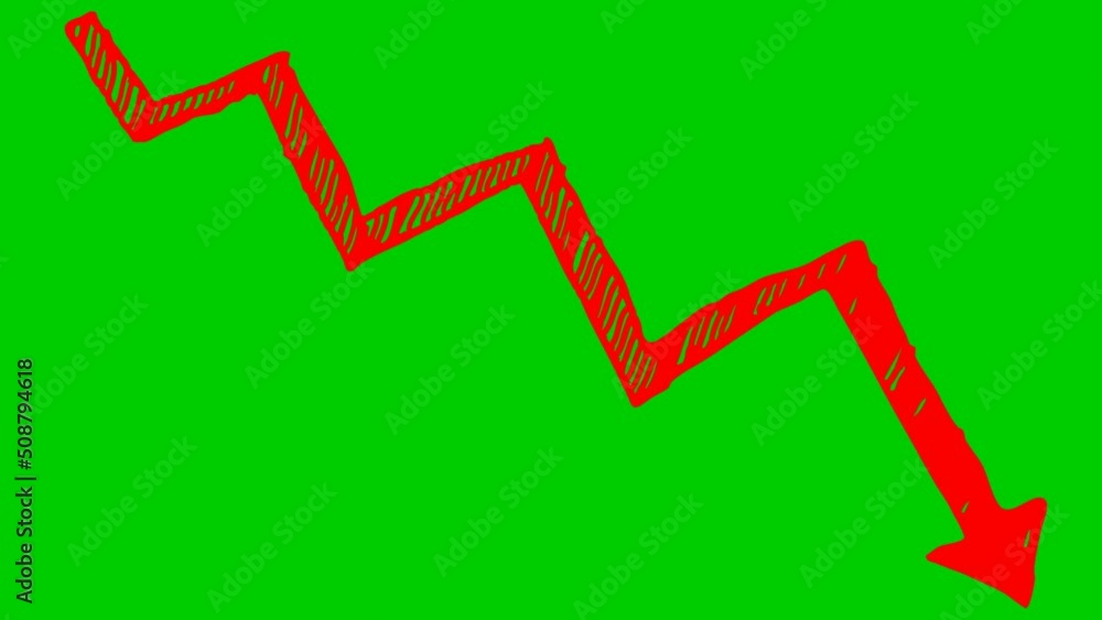 Animated red arrow. Recession chart of economy. Economic crisis, recession, decrease graph. Profit down. Hand drawn vector illustration isolated on green background. Animated red arrow. Recession chart of economy. Economic crisis, recession, decrease graph. Profit down. Hand drawn vector illustration isolated on green background.