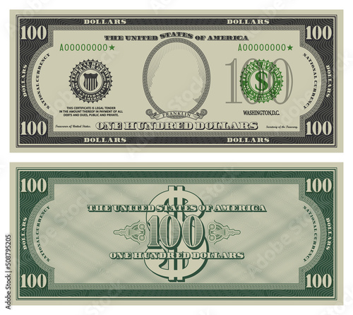 One hundred dollars banknote. Gray obverse and green reverse fictional US paper money in style of vintage american cash. Frame with guilloche mesh and bank seals. Franklin