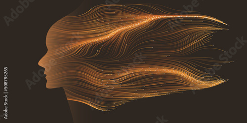 Futuristic Artificial Technology Concept with Flow of Glowing Neural Connections Forming a Golden Human Face Profile, Dynamic 3D Future Smart Tech Design with Digitally Generated Flowing Lines Pattern