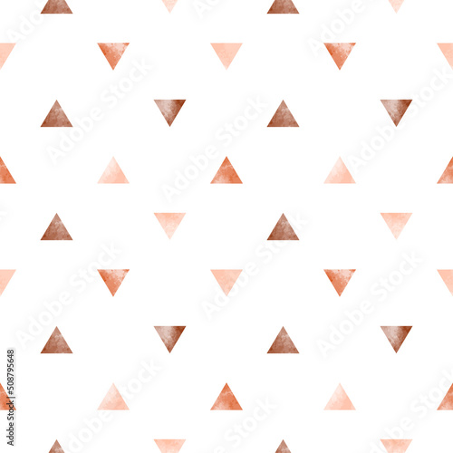 Coffee brown, beige watercolor triangles seamless repeat regular pattern. Tiny textured triangle geometric shapes with watercolour stains. Geometrical vector hand drawn background.
