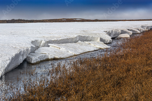 In spring, the tundra is freed from snow cover and ice. Climatic changes in the Arctic zone. Melting of snow and ice, streams and rivers. Vegetation of the Northern Tundra photo