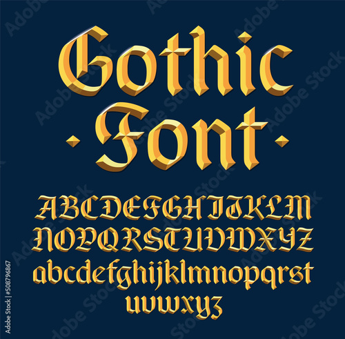 Golden beveled gothic font, decorative metallic 3d blackletter typeface. Uppercase and lowercase. Vector illustration. 