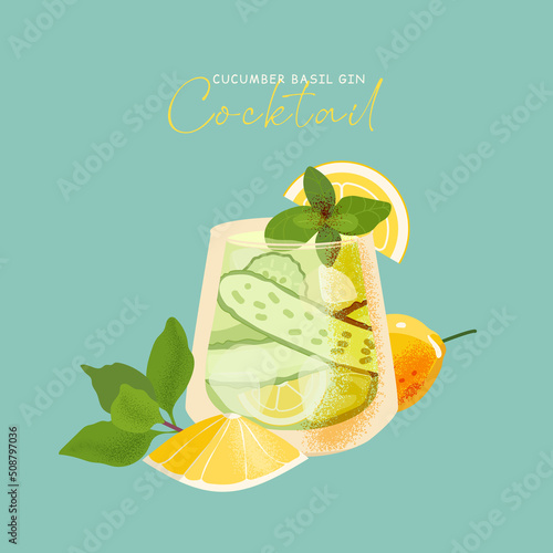Glass of basil cucumber cocktail vector on green background. Summer alcohol drink flat illustration