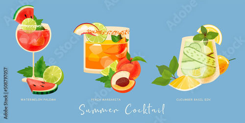 Summer cocktails vector set. Tropical drink glass with lemon, watermelon, lime, mint, peach, cucumber, gin, margarita, paloma, soda. Everything you need for party