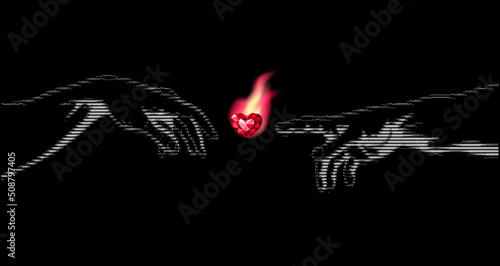 Hands of God and Adam going to touch together. Concept Divine touch and  creation in cyberpunk ASCII design 