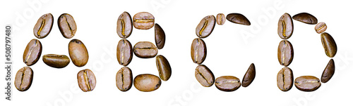 Letters A, B, C, D from coffee beans on a white background