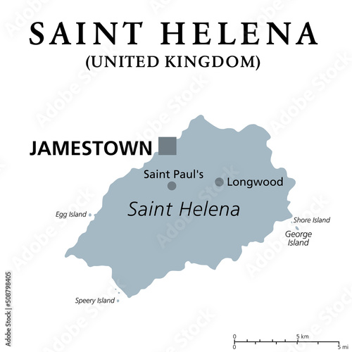 Saint Helena, gray political map. Tropical island and a British possession in the South Atlantic with capital Jamestown. Known for being the site Napoleon was exiled to after his final defeat in 1815.