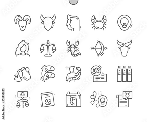 Zodiac signs. Horoscope book. Astrology and esoteric. Pixel Perfect Vector Thin Line Icons. Simple Minimal Pictogram