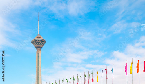 The Milad Tower with flag - Tehran - Iran