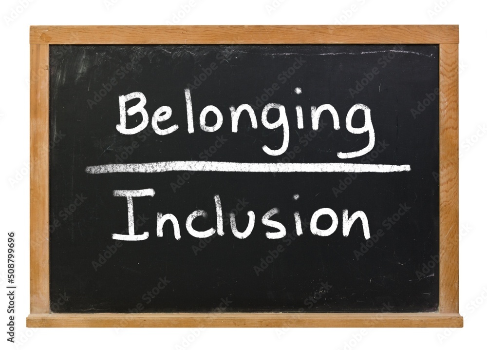 Belonging over inclusion written in white chalk on a black chalkboard isolated on white Belonging over inclusion written in white chalk on a black chalkboard isolated on white