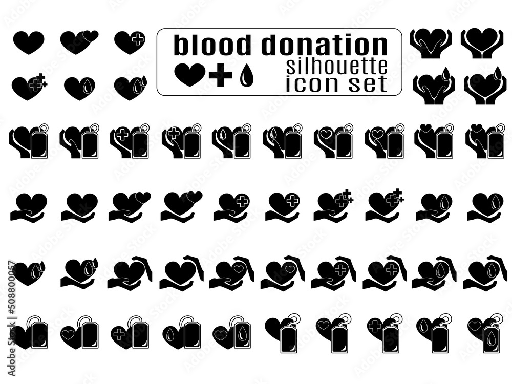Obraz premium Blood donation silhouette icon set, medical care and life saving