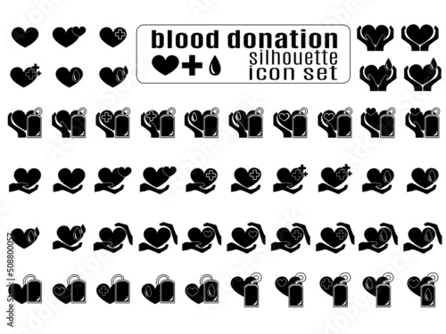 Blood donation silhouette icon set, medical care and life saving