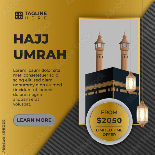 Hajj and Umrah Brochure Gold Travel and Tour Luxury with Kaaba and Lantern realistic 3d Simple