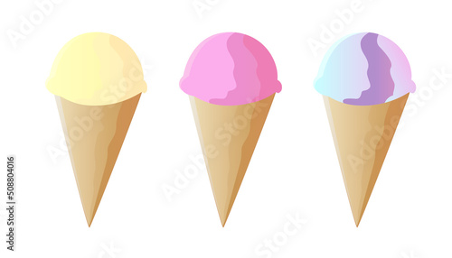 Strawberry ice cream cone isolated on white background. Vector illustration of dessert.
