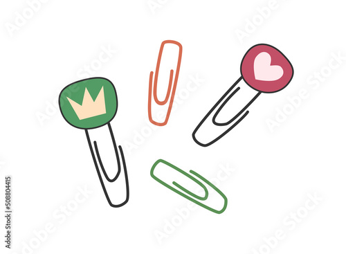 Hand drawn cute contemporary illustration of four paper clip. Flat vector stationery sticker or icon in simple colored doodle style. Study, write, school. Isolated on white background.