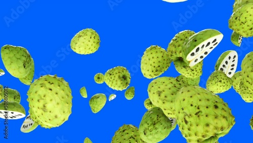 Custard Apple flying in slow motion, against Blue Screen photo