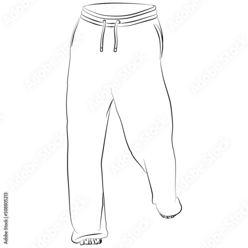 sport sweatpants, wide jogging pants contour lines drawn, sketch drawing