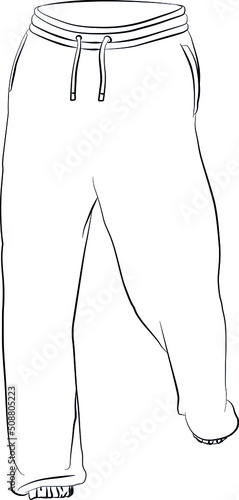 sport sweatpants, wide jogging pants contour lines drawn, sketch drawing