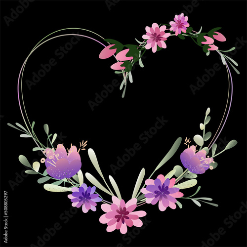 Floral frame in the shape of a heart in naive style on black square vector background. Gerberas  tulips and crocuses are soft purple and pink. Premium template for covers  invitations  congratulations