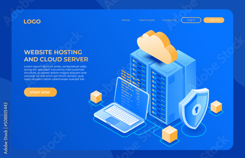 Website hosting landing page design, cloud computing and server isometric illustration concept