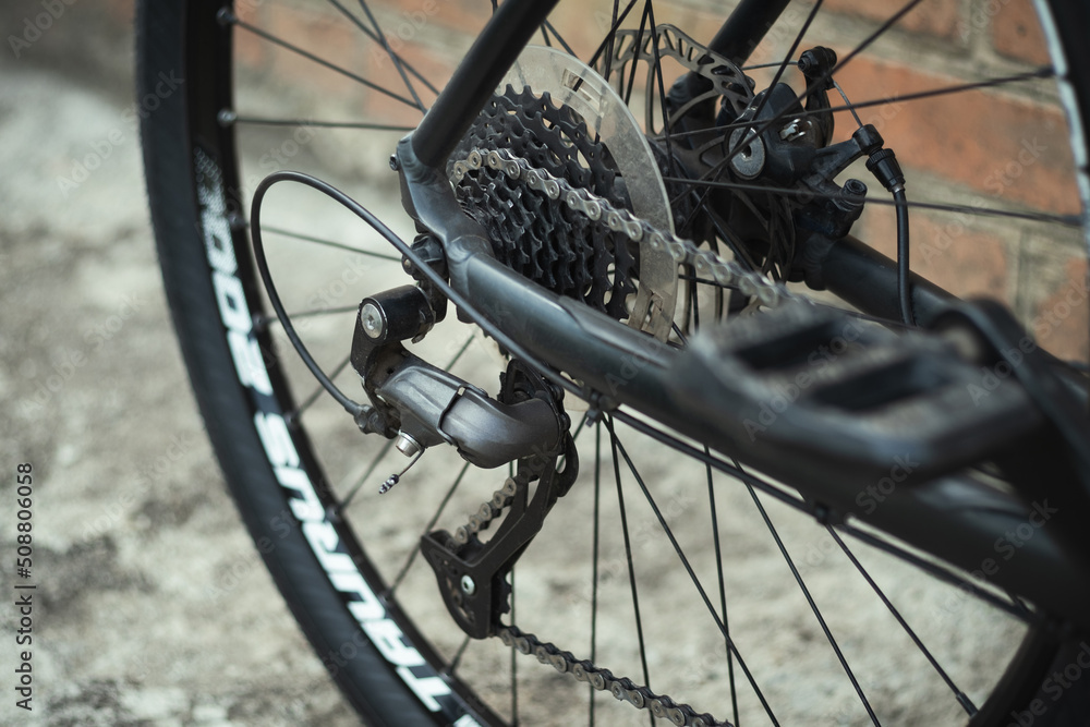 Fototapeta premium Close up of bicycle rear derailleurs. Sprocket cassette with chain, shifter and disk brake. Bike repair and maintenance work. preparing the bike for the season