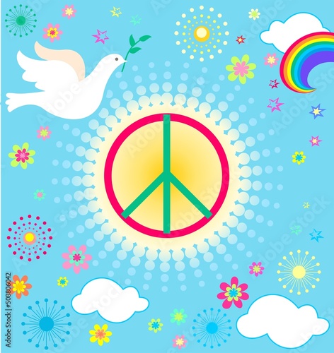 Cartoon poster in hippie style with Peace Hippie Symbol, flying paper cutting dove, rainbow, sun and flowers
