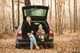 Young Mom with her little daughter Sitting in a car trunk. Picnic in the forest during the road trip. Autumn trees with fallen orange leaves