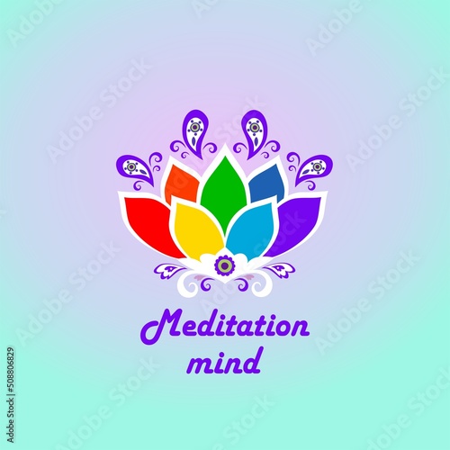 Lotus flower icon with colorful petals on mint color background for logo template, visiting, Ayurveda, meditation, wellness and spa salon signboard, tee, t shirt and bag design
