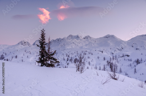 Winter paradise in the Julian Alps mountains photo