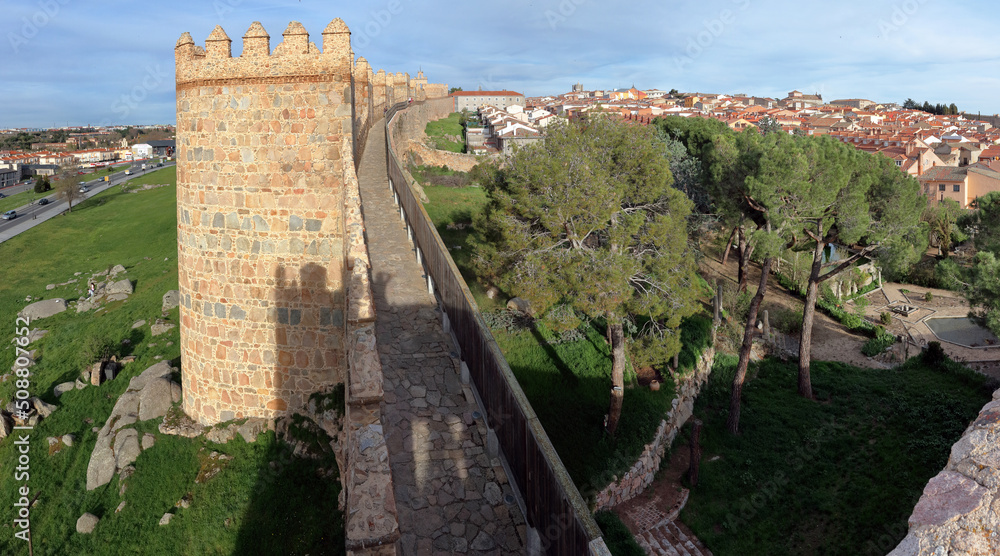 Footpath on the walls surrounding the old town of Avila, Spain, the highest city on the Spanish meseta 