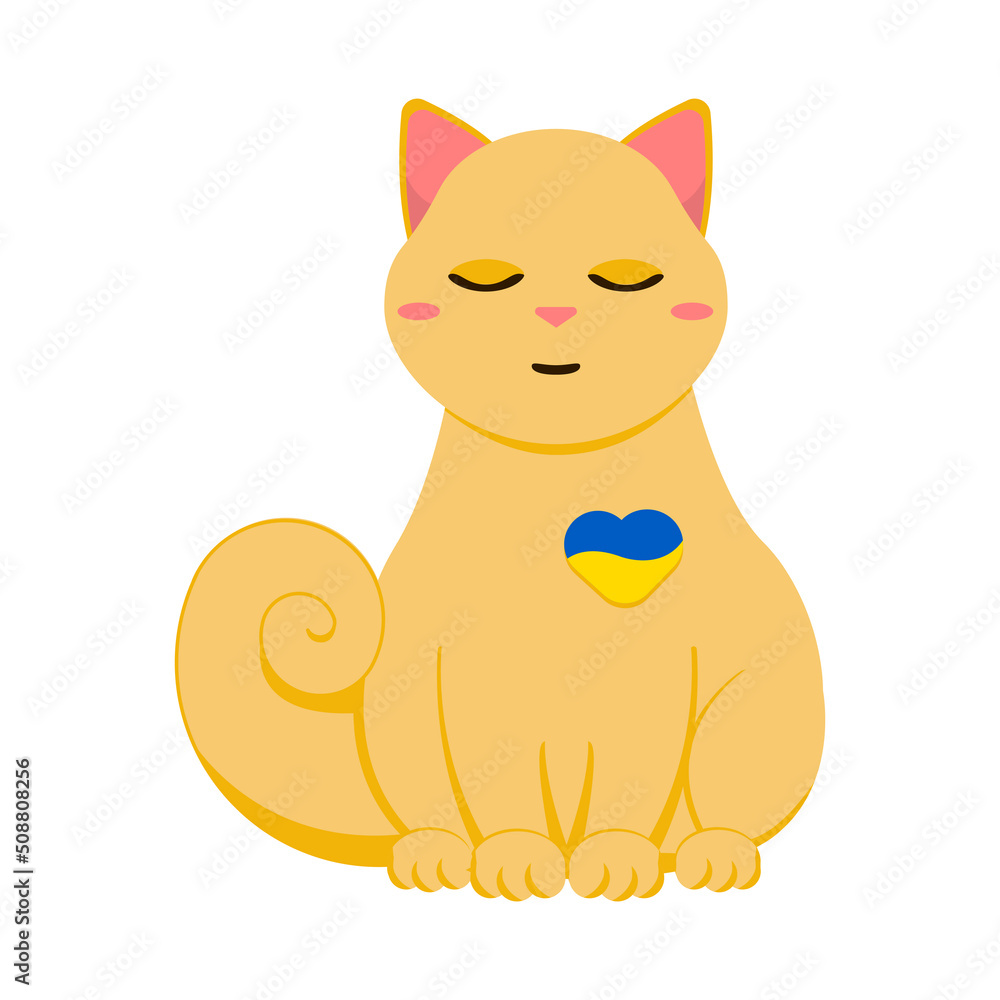 Obraz premium Ginger cat with heart of Ukraine in modern minimalist flat art style. symbol of the Ukrainian struggle against the occupiers. Stop the war in Ukraine. Ukrainian flag blue and yellow