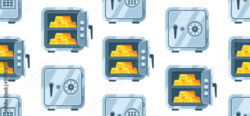 Seamless pattern with Metal Safes. Open and Closed safe with Gold ingots and Dollars. Flat style