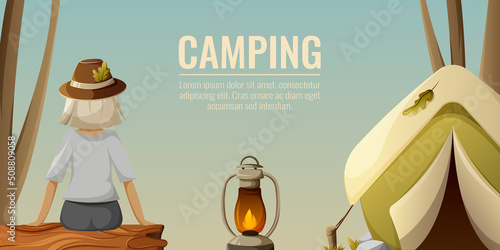 Camping background with space for text. Vector illustration with tent, kerosene lamp, girl, character sits on the log in the hat. Nature landscape. For banner, poster, website design, social media