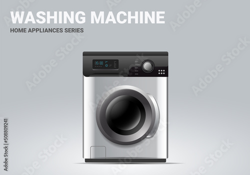 Vector realistic illustration of silver color washing machine on light background. 3d style shine washer appliances design