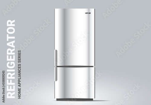 Vector realistic illustration of silver color refrigerator on light background. 3d style shine fridge appliances design