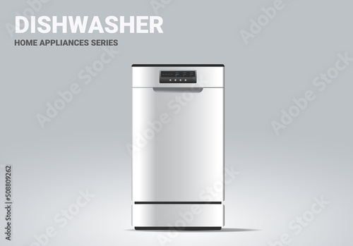 Vector realistic illustration of silver dishwasher on light background. 3d style dishwasher appliances design