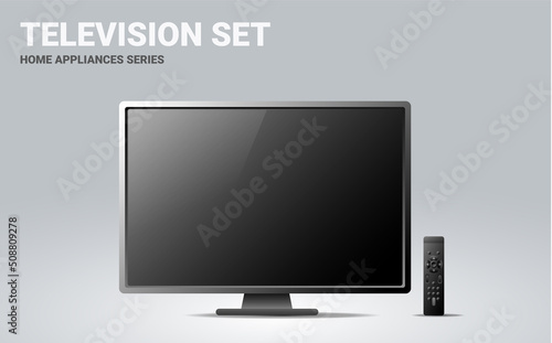 Vector realistic illustration of television set with remote control on light background. 3d style tv set appliances design