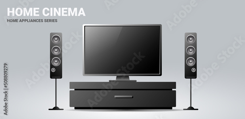 Vector realistic illustration of home cinema with audio system on light background. 3d style television with music speaker appliances design
