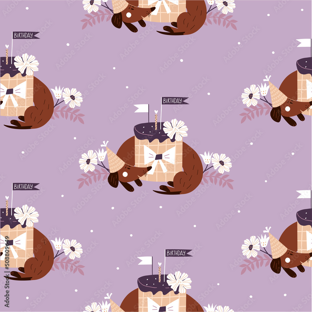 Seamless pattern with dog and cake. Festive wallpaper with dachshund in vintage style. Vector hand drawn illustration