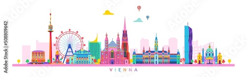 Vienna austria city skyline with color buildings isolated on white background.